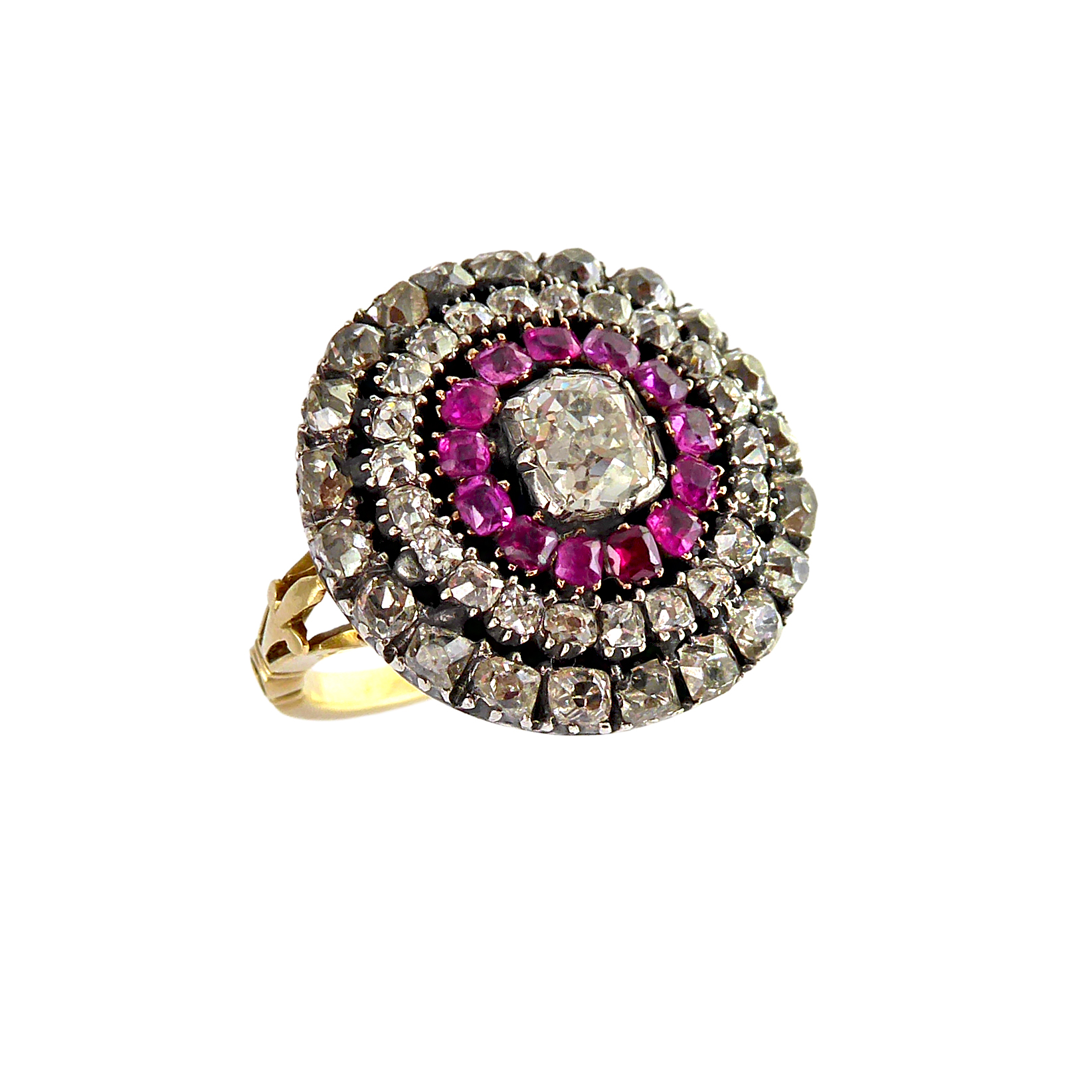 Late 18th / early 19th century cushion diamond and ruby cluster ring, c.1800, slightly domed,